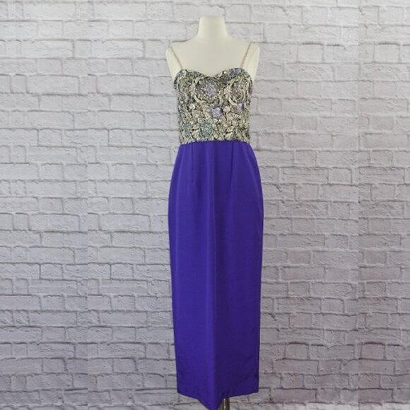 Vintage 70s Brocade Rhinestone Dress - Picture 1 of 13